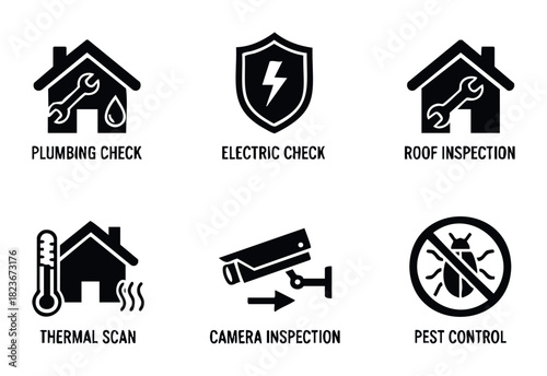 Collection of home inspection service icons including plumbing check, electric check, roof inspection, thermal scan, camera inspection, and pest control for residential property assessment.