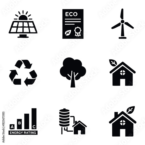 Collection of renewable energy and environmental conservation icons including solar panel, wind turbine, recycle symbol, tree, and ecofriendly house for sustainability concepts.
