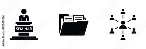 Collection of modern flat icons representing seminar presentation, document folder and people network for business or education concept applications.