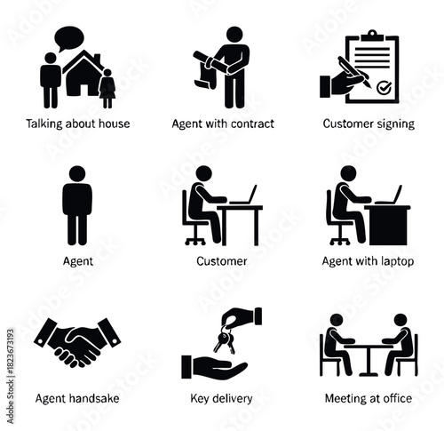 Collection of vector icons depicting real estate agent interactions including discussing house, signing contract, meeting customer, and key delivery for property business.