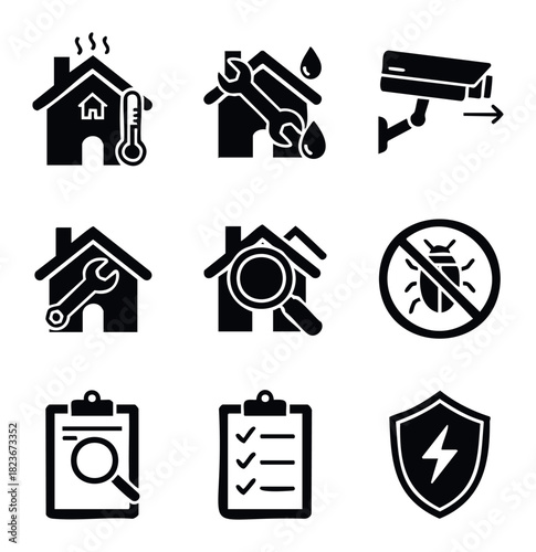 Collection of modern flat icons representing home services like heating, plumbing, security, pest control, and inspections for informational websites and mobile applications.