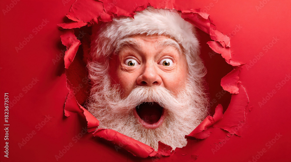 Obraz premium Shocked Santa Claus peeking from ripped red paper