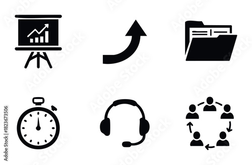 Collection of business and office icons including presentation graph, upward arrow, folder, stopwatch, headset, and teamwork to visualize corporate progress and collaboration.