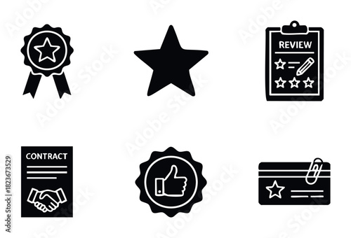 Collection of six black and white icons representing awards, ratings, reviews, contracts, and approval, perfect for business and customer service presentations and interfaces.