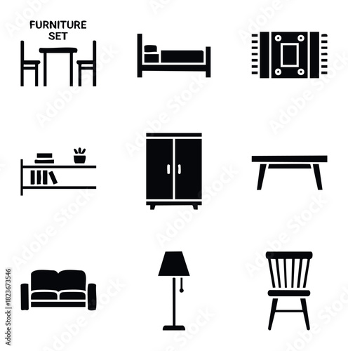 A collection of furniture icons including a table and chairs, bed, rug, bookshelf, wardrobe, coffee table, sofa, floor lamp, and chair for home decor and interior design concepts.