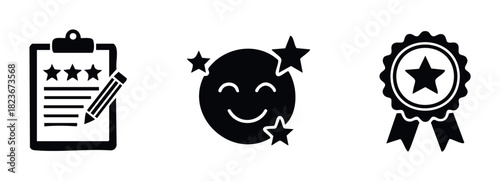 Collection of positive feedback and achievement icons including stars on clipboard review, happy emoji with stars, and award medal for customer satisfaction and recognition.