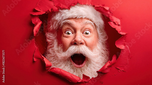 Shocked Santa Claus peeking from ripped red paper