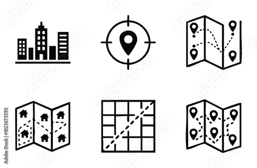 Collection of navigation and travel map icons including city buildings, location pins, routes, and houses for location planning and itinerary development.