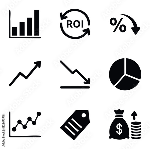 Collection of business and finance icons showing growth, loss, ROI, money, and pricing for financial analysis and reporting