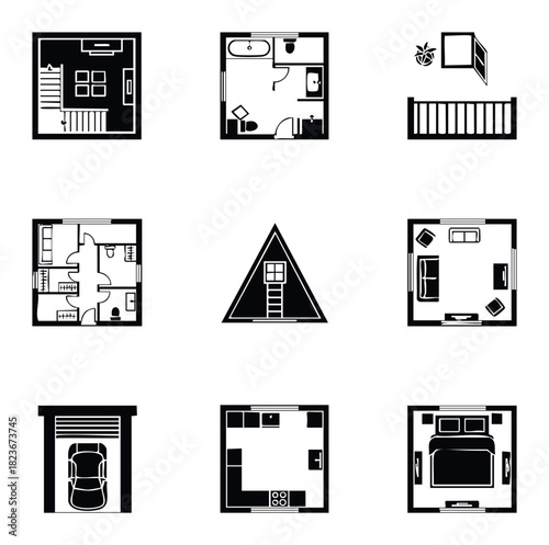 Collection of floor plan icons and architectural layouts depicting various rooms like a bedroom, kitchen, and bathroom for real estate and property planning use