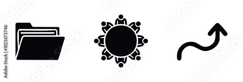 Collection of business icons including folder, people meeting around a table, and an upward trending arrow representing growth and progress for presentations and reports.