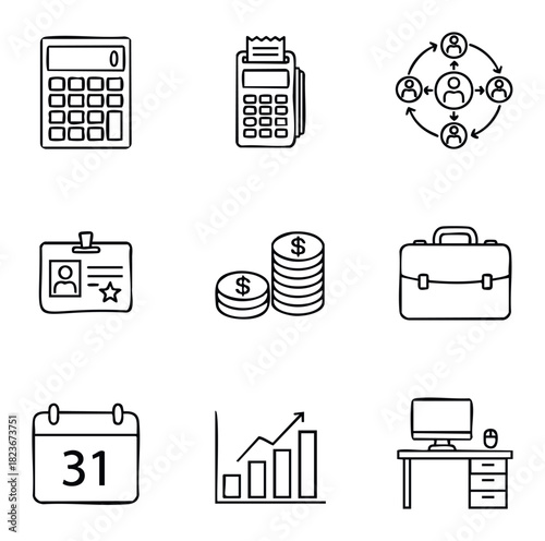 Collection of business and finance icons including calculator, payment terminal, team network, ID card, coins, briefcase, calendar, graph, and desk setup for office and accounting concepts.
