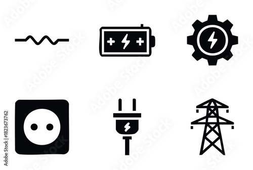 Collection of electrical icons representing power sources and connections for various applications including energy and technology contexts.