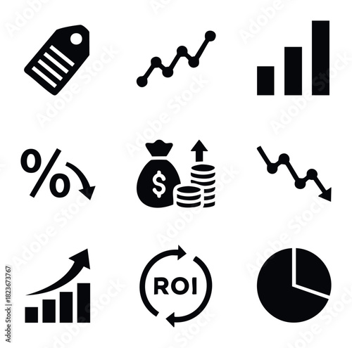 Collection of flat black finance and business icons including growth charts, tags, money bags, percentages, ROI cycles, and pie charts suitable for financial reports and presentations.