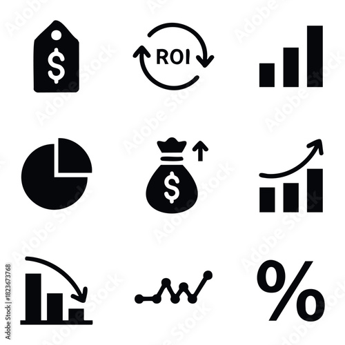 Collection of business and finance icons including a dollar tag, ROI cycle, growing bar chart, pie chart, money bag, rising graph, falling graph, data trend, and percentage symbol for