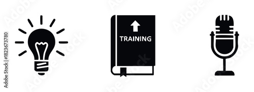 Learning and communication icons representing ideas, training, and broadcasting for knowledge sharing and educational content creation.
