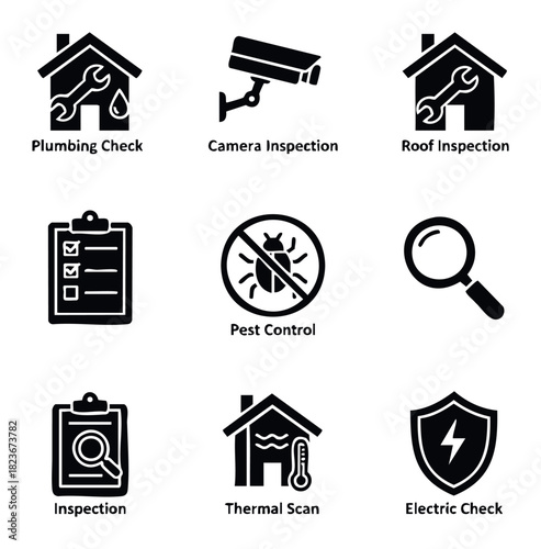 Collection of house inspection service icons including plumbing roof pest electrical thermal checks security camera and general inspection services for home maintenance and safety.