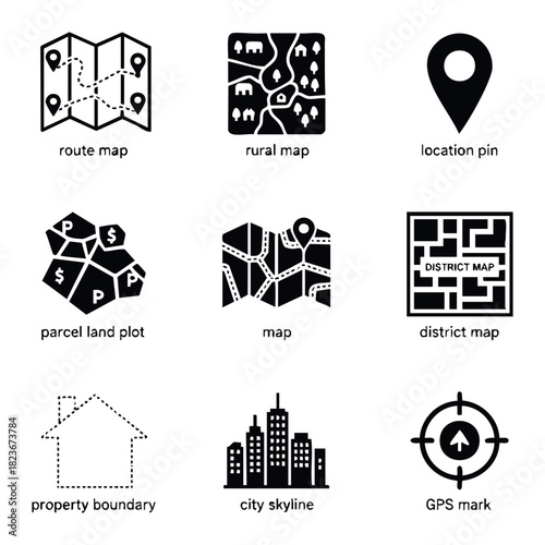Collection of nine map and location related icons including route map, rural map, location pin, parcel land plot, map, district map, property boundary, city skyline, and GPS mark for
