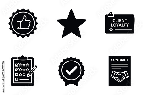 Collection of business icons representing customer feedback, awards, loyalty, evaluation, and contracts for service excellence