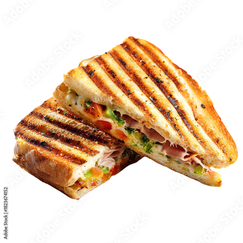 Delicious panini sandwich isolated on transparent background, featuring grilled bread, melted cheese, ham, and fresh vegetables, a perfect lunch or snack option