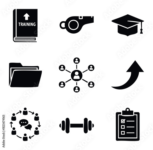 Collection of nine black and white icons representing business growth learning teamwork fitness and professional development for website or presentation use