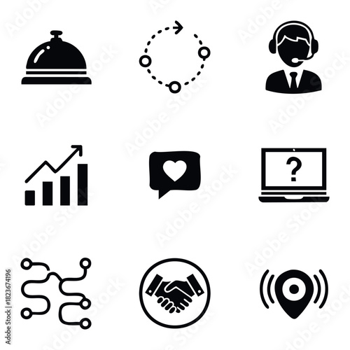 Collection of modern flat icons representing customer service, business growth, communication, and location tracking for use in digital applications and presentations