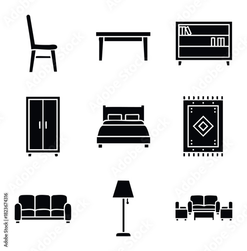 Collection of black furniture icons including a chair, table, bookshelf, wardrobe, bed, rug, sofa, and floor lamp for home decor and interior design concepts.