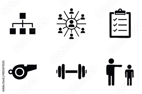 Set of six graphic icons representing business organization, teamwork, task management, sports coaching, fitness, and supervision for use in presentations, websites, or applications.