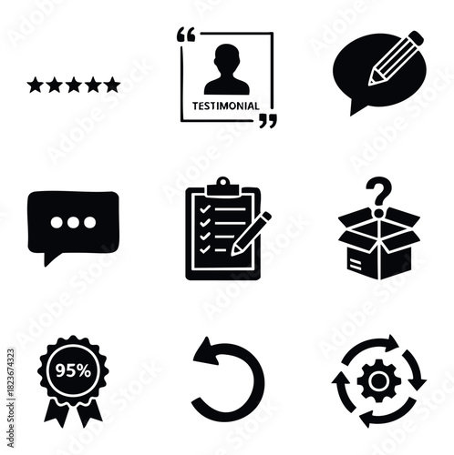 Collection of icons representing customer feedback, testimonials, communication, and operational processes for business use and web applications.
