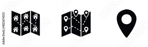 Collection of location pin and map icons symbolizing travel routes and home addresses for navigation and real estate concepts, ideal for app interfaces and travel guides.