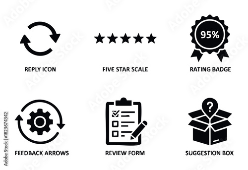 Collection of black icons representing feedback and rating concepts for customer service and business applications, including reply icon, stars, badge, gear, review form, and suggestion box.