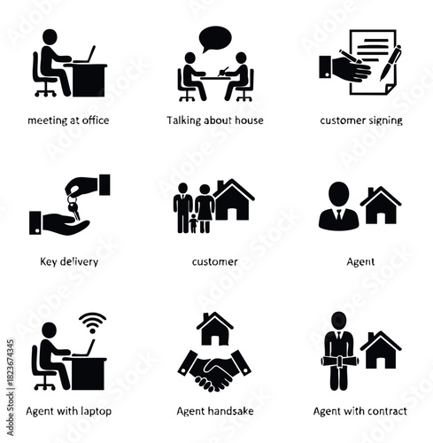 Collection of icons representing real estate business processes like meeting, signing contracts, key delivery, customer interaction, and agent work for web and marketing use.
