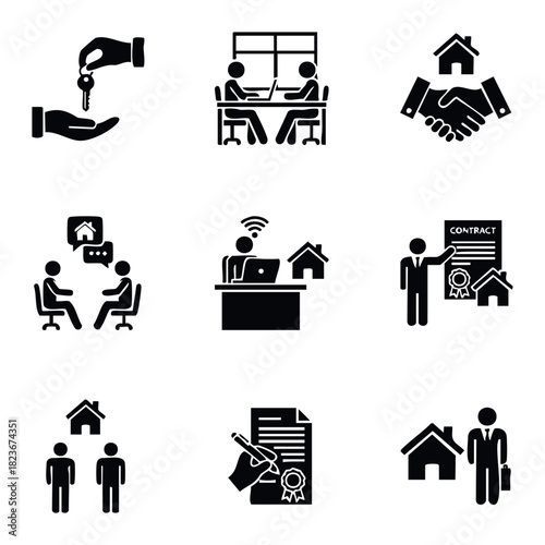 Real estate icons set showing house purchase process from handshake and contract signing to key handover and successful deal for property business