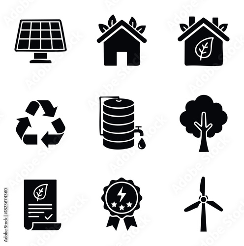 Collection of black glyph icons representing renewable energy and environmental sustainability for ecofriendly concepts and green initiatives.