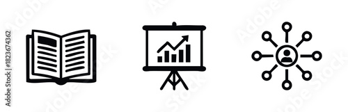 Collection of business icons depicting learning, growth, and connection, perfect for presentations, websites, and corporate branding to convey knowledge, progress, and networking.