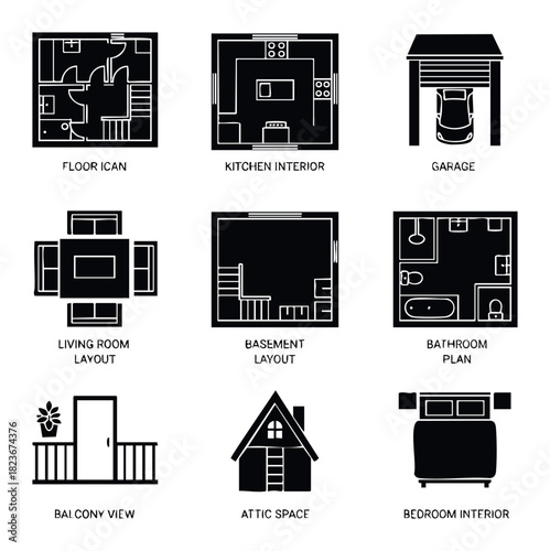 Set of nine black and white icon graphics depicting various house plans, interior layouts, and architectural spaces for real estate or home improvement concepts