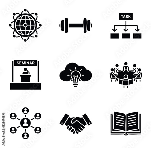 Collection of business and management icons representing teamwork global connection tasks meetings and ideas for presentations and corporate use