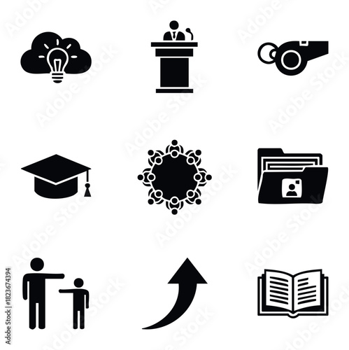 Collection of nine black icons representing education, business, teamwork, ideas, and success for professional presentations and web usage