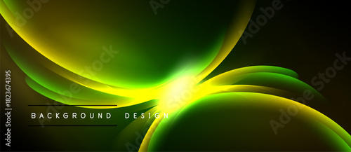 Abstract design features flowing curves, vibrant green, yellow hues. Bright central glow creates dynamic visual impact. Dark background enhances luminosity.