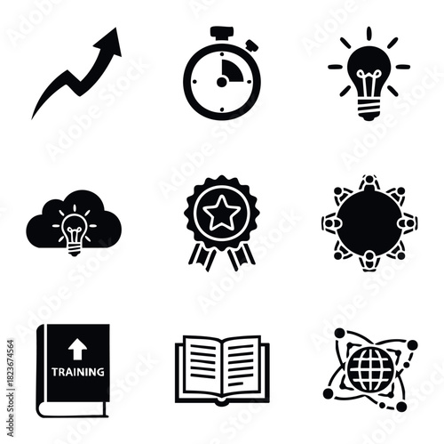 Collection of business and strategy icons representing growth, time, ideas, teamwork, achievements, training, and global networking for presentation slides and corporate use.