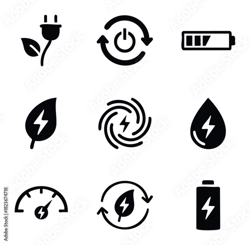 Collection of renewable energy icons including a leaf plug, power button with arrows, battery levels, and energy symbols for sustainable power and environmental saving applications.