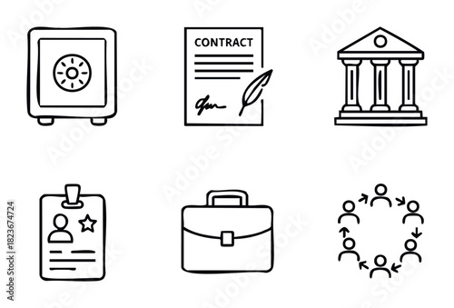 Collection of business and finance icons including a safe, contract, bank, ID badge, briefcase, and teamwork, suitable for corporate presentations and web use.