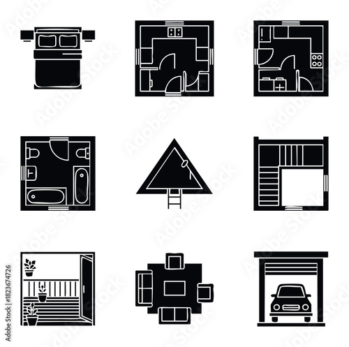 Collection of interior design and architectural symbols including floor plans, bedroom, bathroom, balcony, dining area, and garage for home planning and renovation concepts.