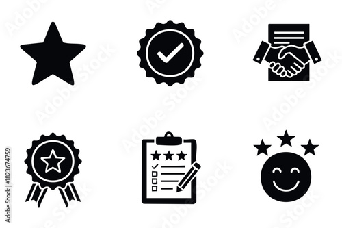 Collection of positive feedback and achievement icons including star rating, award medal, contract handshake, checklist, and happy face symbol for customer satisfaction and success
