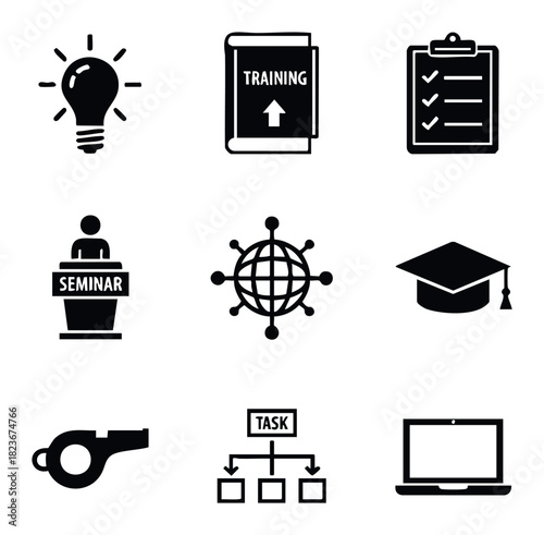 Collection of educational and business icons including light bulb, training book, checklist, seminar speaker, globe, graduation cap, whistle, task flowchart, and laptop for learning and