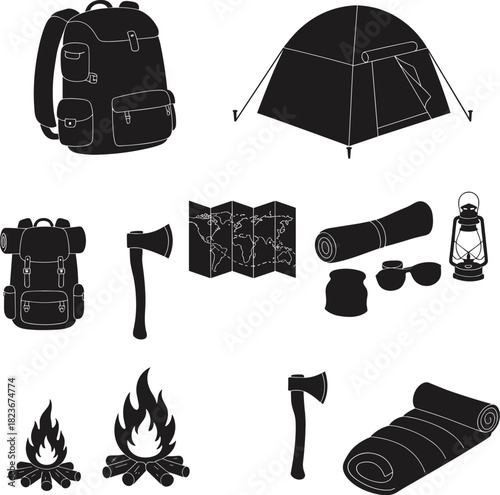 Black and white camping equipment set with backpacks, tent, campfire, lantern, axe, map, sleeping bag and outdoor travel gear