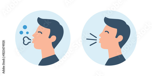 Person exhaling air or blowing bubbles icon set