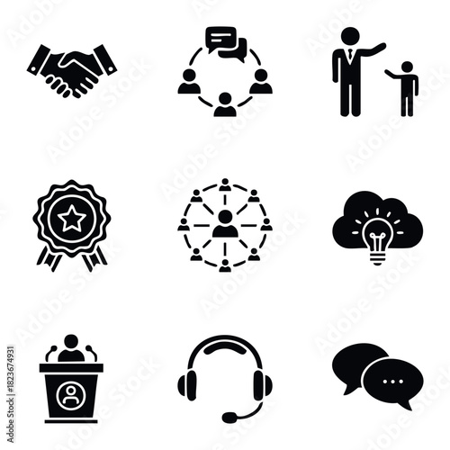 Business teamwork handshake, group collaboration, mentoring relationship, award recognition, network connection, idea generation, public speaking, customer support, and communication