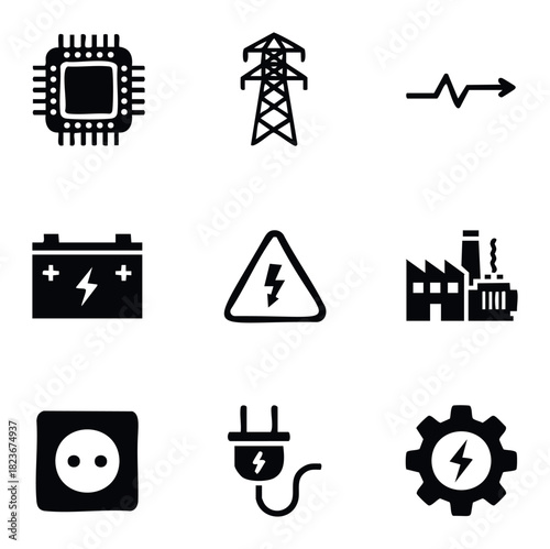Collection of electrical and electronic technology icons featuring a CPU, power line, surge symbol, battery, factory, outlet, plug, and gear for energy and engineering concepts.