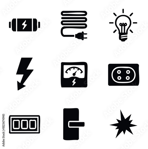 Collection of black and white icons representing electrical power and energy concepts like batteries light bulbs and outlets for use in technical diagrams and presentations